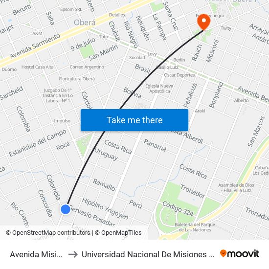 Avenida Misiónes, 1260 to Universidad Nacional De Misiones (Unam) - Regional Oberá map