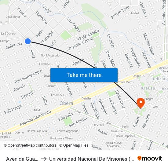 Avenida Guayaba, 902 to Universidad Nacional De Misiones (Unam) - Regional Oberá map