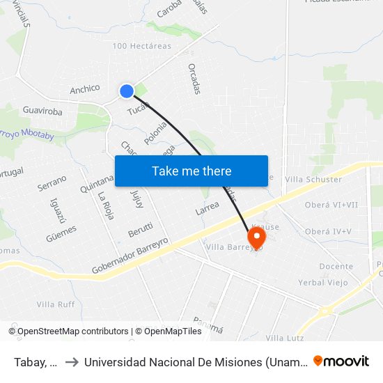 Tabay, 1520 to Universidad Nacional De Misiones (Unam) - Regional Oberá map
