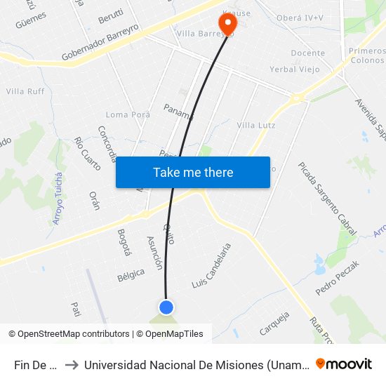 Fin De Línea to Universidad Nacional De Misiones (Unam) - Regional Oberá map