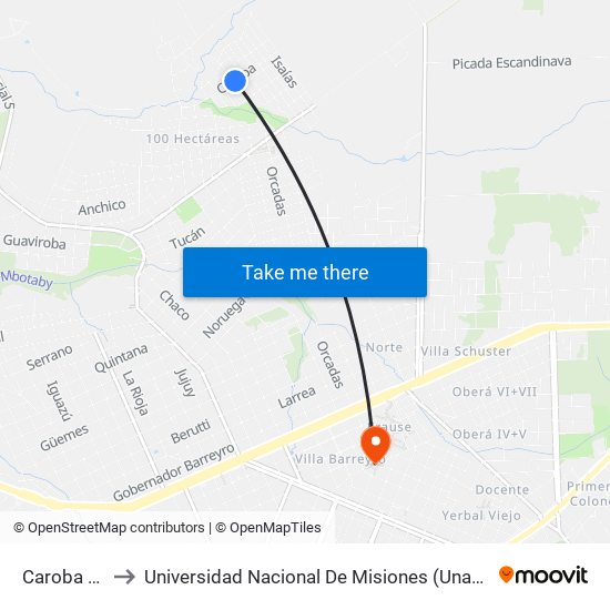 Caroba Y Ruth to Universidad Nacional De Misiones (Unam) - Regional Oberá map