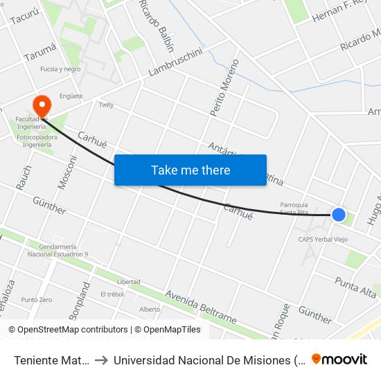 Teniente Matienzo, 349 to Universidad Nacional De Misiones (Unam) - Regional Oberá map