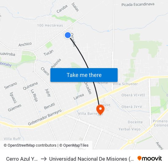 Cerro Azul Y Cuña Pirú to Universidad Nacional De Misiones (Unam) - Regional Oberá map