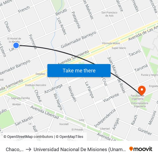 Chaco, 233 to Universidad Nacional De Misiones (Unam) - Regional Oberá map