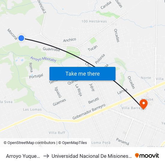 Arroyo Yuquerí Y Moconá to Universidad Nacional De Misiones (Unam) - Regional Oberá map