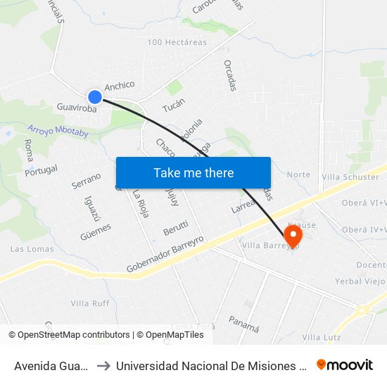 Avenida Guayaba, 2282 to Universidad Nacional De Misiones (Unam) - Regional Oberá map