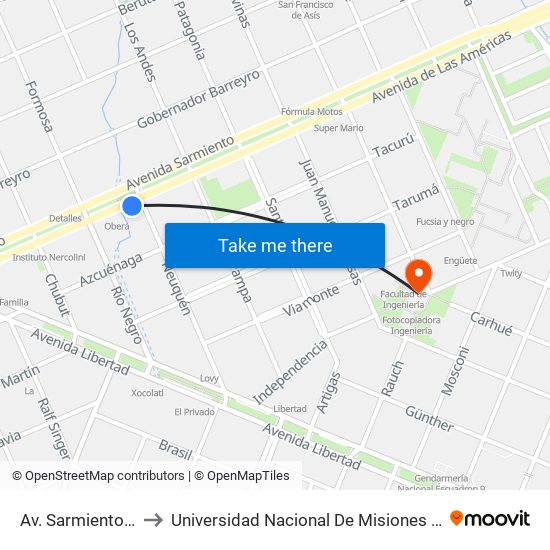 Av. Sarmiento Y Neuquén to Universidad Nacional De Misiones (Unam) - Regional Oberá map