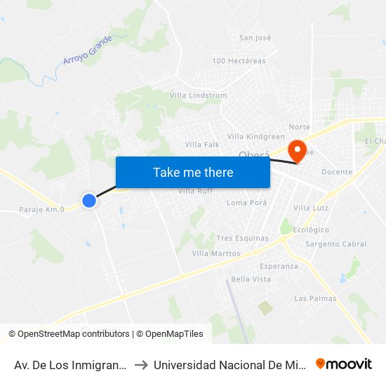 Av. De Los Inmigrantes Y Picada Sarmiento to Universidad Nacional De Misiones (Unam) - Regional Oberá map