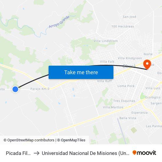 Picada Filandesa to Universidad Nacional De Misiones (Unam) - Regional Oberá map