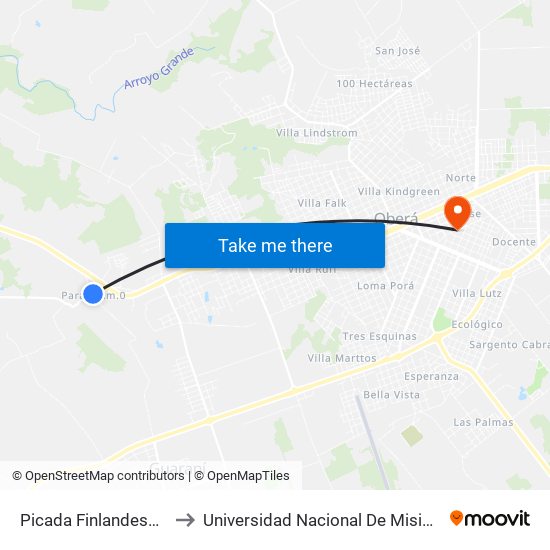 Picada Finlandesa Y Picada Africana to Universidad Nacional De Misiones (Unam) - Regional Oberá map