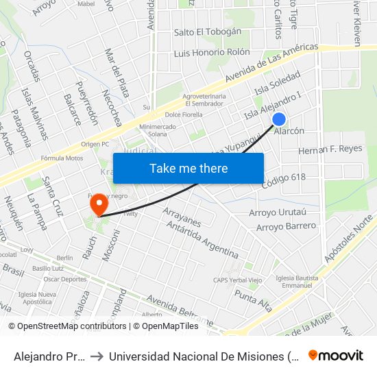 Alejandro Primero, 29 to Universidad Nacional De Misiones (Unam) - Regional Oberá map