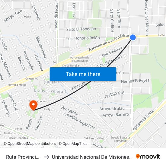 Ruta Provincial 103, 1411 to Universidad Nacional De Misiones (Unam) - Regional Oberá map