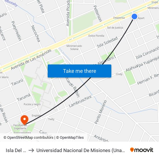 Isla Del Sur, 2 to Universidad Nacional De Misiones (Unam) - Regional Oberá map