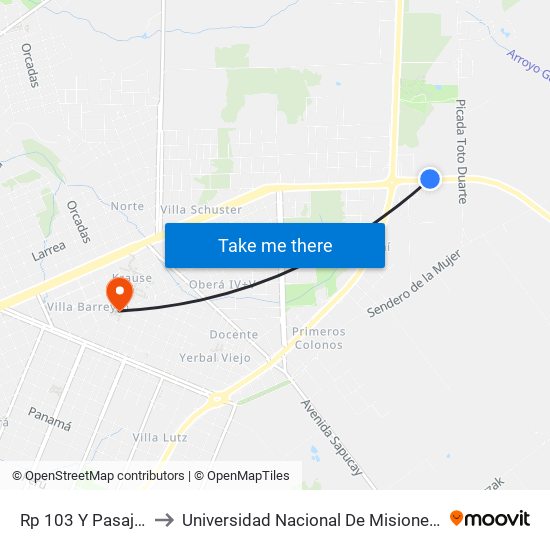 Rp 103 Y Pasaje Sin Nombre to Universidad Nacional De Misiones (Unam) - Regional Oberá map