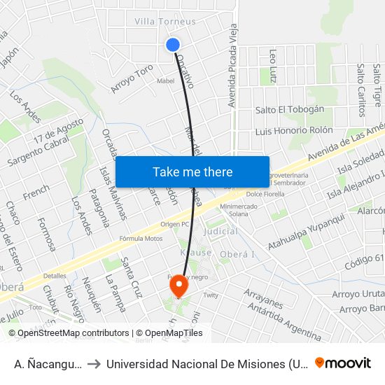 A. Ñacanguazu, 573 to Universidad Nacional De Misiones (Unam) - Regional Oberá map
