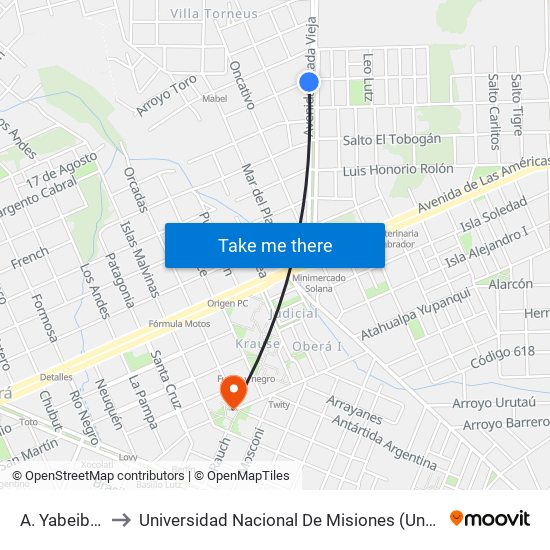 A. Yabeibiry, 602 to Universidad Nacional De Misiones (Unam) - Regional Oberá map