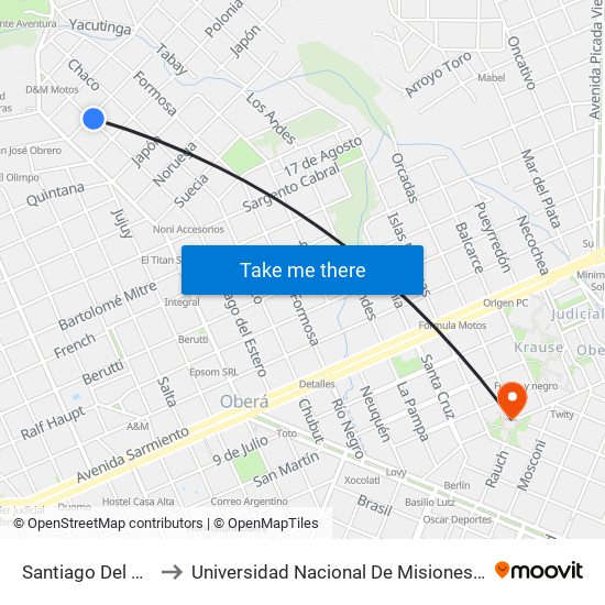 Santiago Del Estero, 1001 to Universidad Nacional De Misiones (Unam) - Regional Oberá map