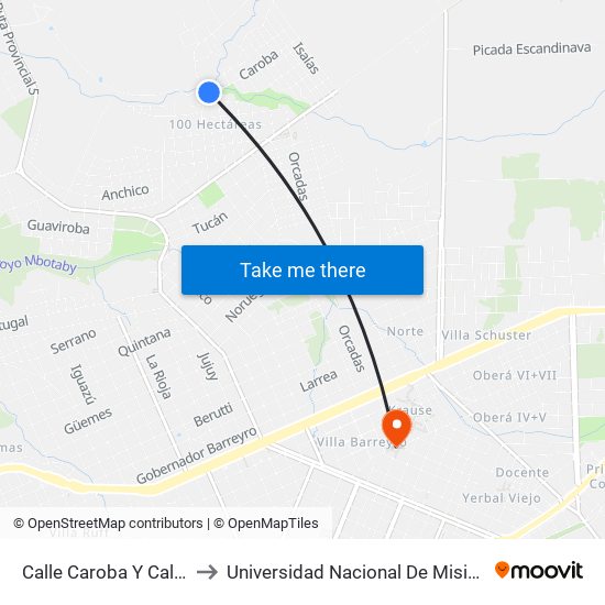 Calle Caroba Y Calle Picada Argentina to Universidad Nacional De Misiones (Unam) - Regional Oberá map