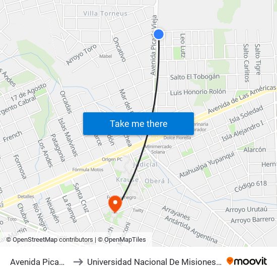 Avenida Picada Vieja, 601 to Universidad Nacional De Misiones (Unam) - Regional Oberá map