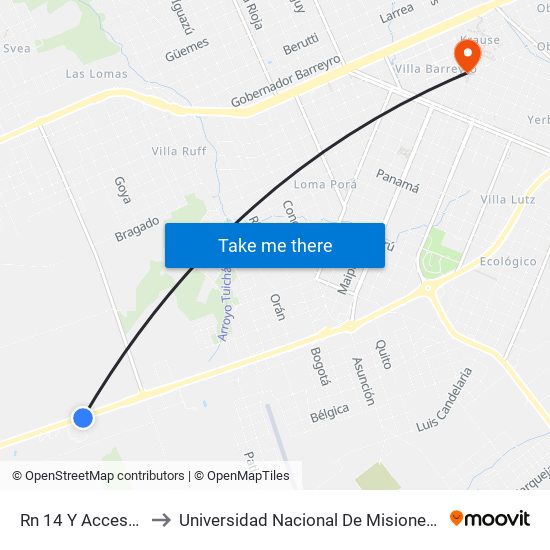 Rn 14 Y Acceso A Maderera to Universidad Nacional De Misiones (Unam) - Regional Oberá map