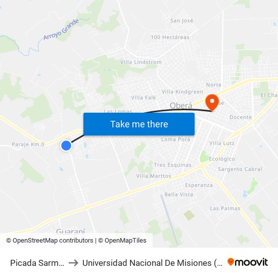 Picada Sarmiento, 269 to Universidad Nacional De Misiones (Unam) - Regional Oberá map