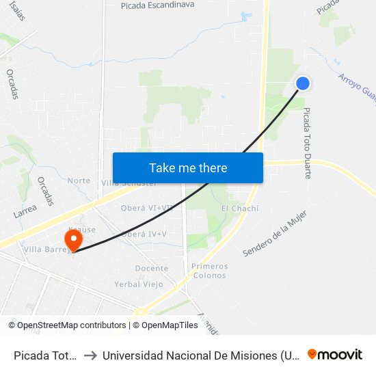 Picada Toto Duarte to Universidad Nacional De Misiones (Unam) - Regional Oberá map