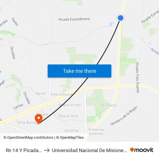 Rn 14 Y Picada Escandinava to Universidad Nacional De Misiones (Unam) - Regional Oberá map