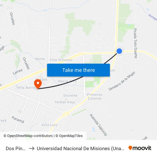 Dos Pindo, 15 to Universidad Nacional De Misiones (Unam) - Regional Oberá map