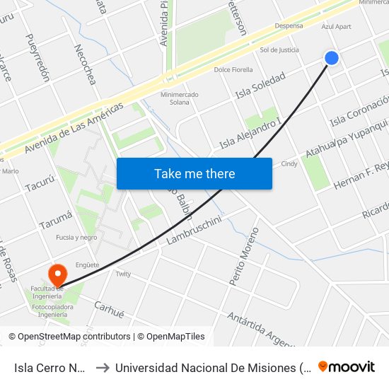 Isla Cerro Nevado, 929 to Universidad Nacional De Misiones (Unam) - Regional Oberá map