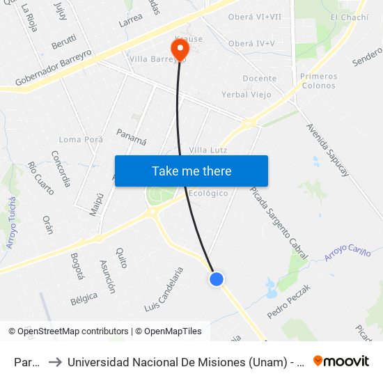 Parada to Universidad Nacional De Misiones (Unam) - Regional Oberá map