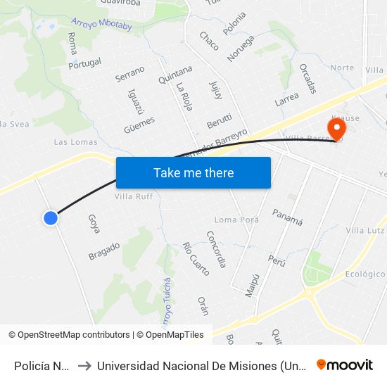 Policía Nacional to Universidad Nacional De Misiones (Unam) - Regional Oberá map