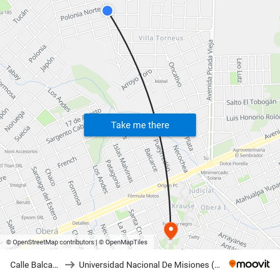 Calle Balcarce, 1038 to Universidad Nacional De Misiones (Unam) - Regional Oberá map