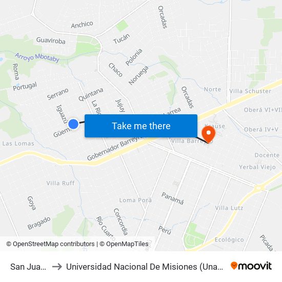 San Juan, 572 to Universidad Nacional De Misiones (Unam) - Regional Oberá map