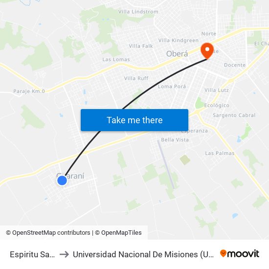 Espiritu Santo, 277 to Universidad Nacional De Misiones (Unam) - Regional Oberá map