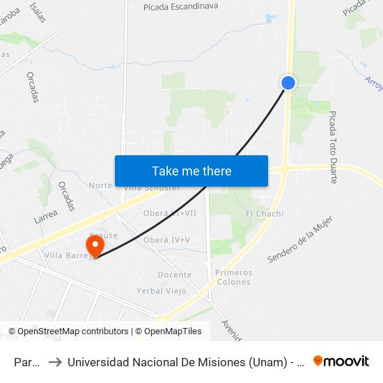 Parada to Universidad Nacional De Misiones (Unam) - Regional Oberá map