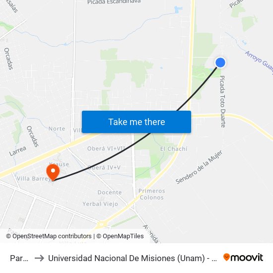 Parada to Universidad Nacional De Misiones (Unam) - Regional Oberá map