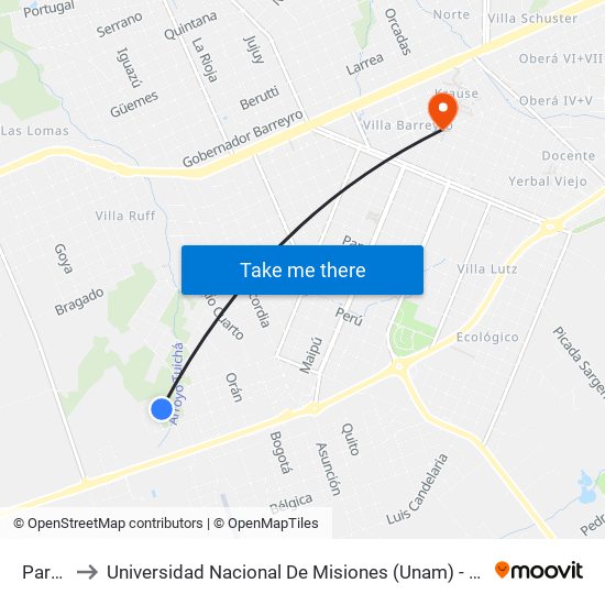 Paráda to Universidad Nacional De Misiones (Unam) - Regional Oberá map