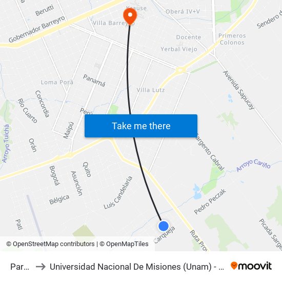 Parada to Universidad Nacional De Misiones (Unam) - Regional Oberá map