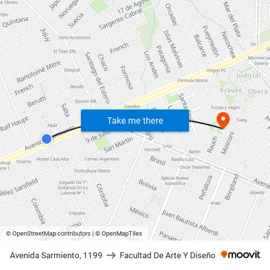 Avenida Sarmiento, 1199 to Facultad De Arte Y Diseño map