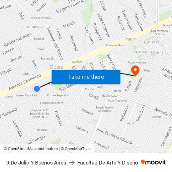 9 De Julio Y Buenos Aires to Facultad De Arte Y Diseño map