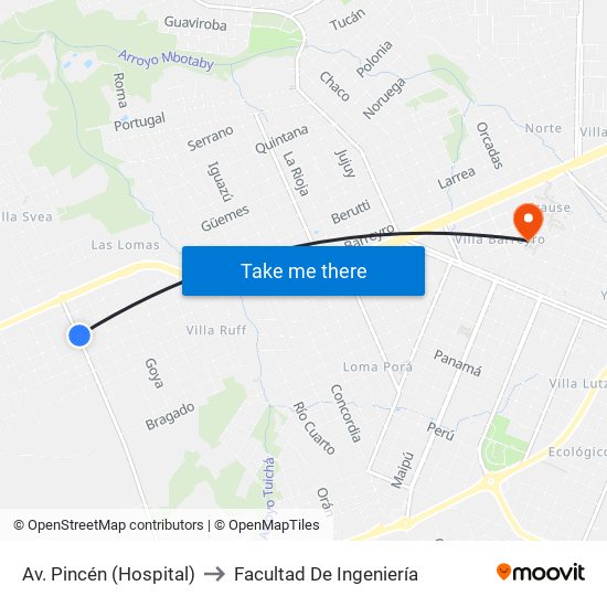 Av. Pincén (Hospital) to Facultad De Ingeniería map