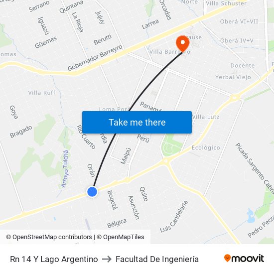 Rn 14 Y Lago Argentino to Facultad De Ingeniería map