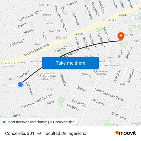 Concordia, 301 to Facultad De Ingeniería map