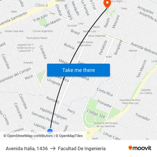 Avenida Italia, 1436 to Facultad De Ingeniería map