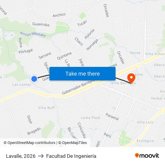 Lavalle, 2026 to Facultad De Ingeniería map
