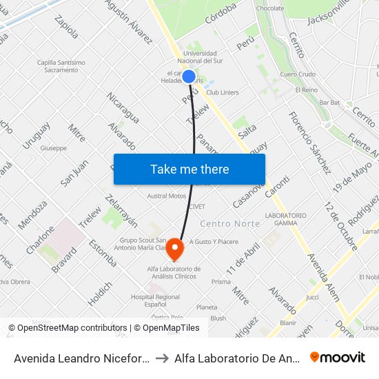 Avenida Leandro Niceforo Alem, 1198 to Alfa Laboratorio De  Análisis Clínicos map