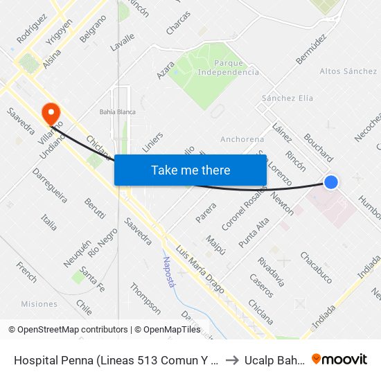 Hospital Penna (Lineas 513 Comun Y Expreso - 514 - 517 - 319) to Ucalp Bahía Blanca map