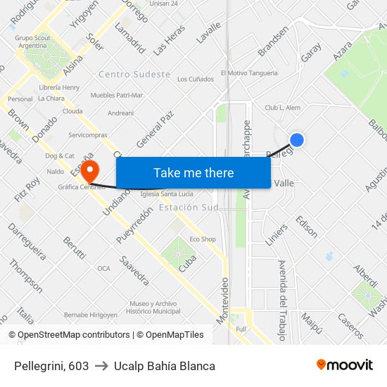 Pellegrini, 603 to Ucalp Bahía Blanca map