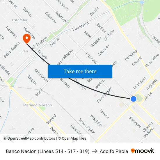Banco Nacion (Lineas 514 - 517 - 319) to Adolfo Pirola map