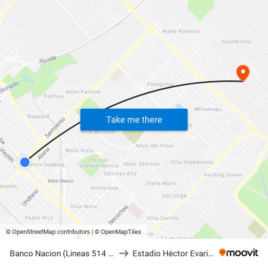 Banco Nacion (Lineas 514 - 517 - 319) to Estadio Héctor Evaristo Plano map